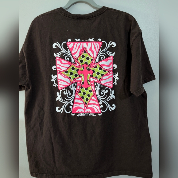 Women's Vtg Southern Couture Brown Graphic Anvil T-Shirt - Pink and White Cross - Picture 2 of 2